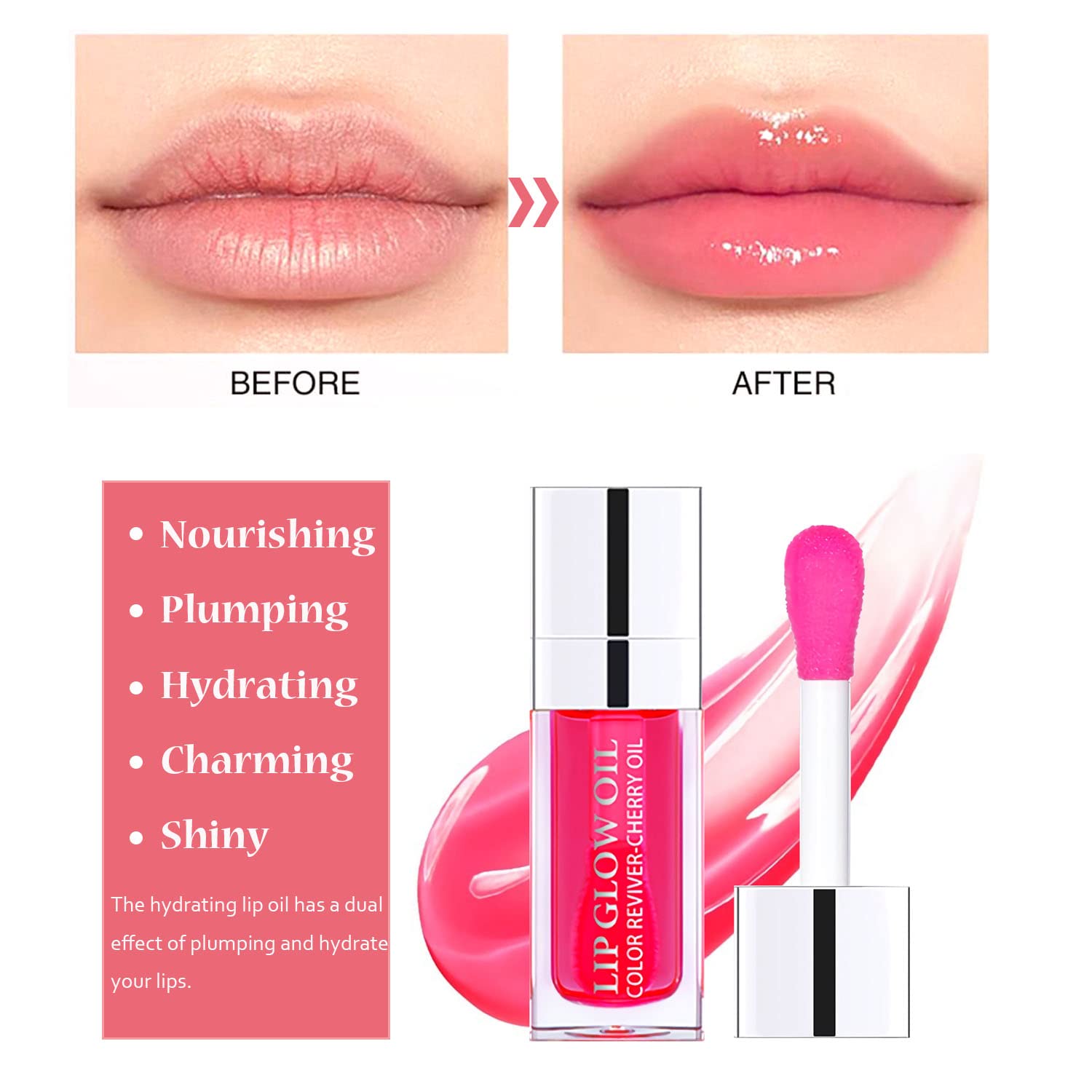 DMXYWO Plumping Lip Oil, Hydrating Lip Glow Oil, Lasting Moisturizing Lip Gloss Tinted Lip Balm, Big Brush Head Non-Sticky Natural Lip Plumper Gloss Lip Care Product 6ML (015# Cherry)