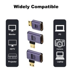 AreMe 8K Mini HDMI to HDMI Adapter (3 Pack), 90 Degree Left and Right Angle Mini HDMI Male to HDMI Female Cable for Raspberry Pi Zero, DSLR Camera, Camcorder, HDTV, Projector, Laptop and Tablet