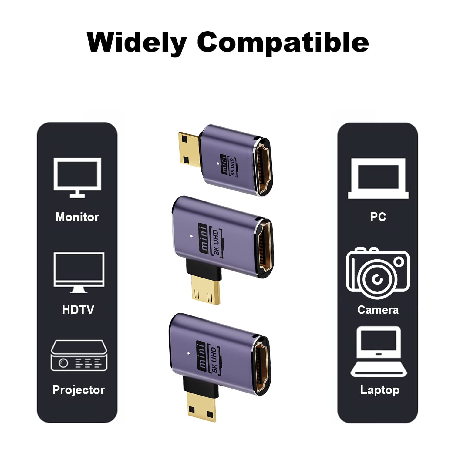 AreMe 8K Mini HDMI to HDMI Adapter (3 Pack), 90 Degree Left and Right Angle Mini HDMI Male to HDMI Female Cable for Raspberry Pi Zero, DSLR Camera, Camcorder, HDTV, Projector, Laptop and Tablet