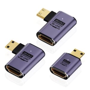 areme 8k mini hdmi to hdmi adapter (3 pack), 90 degree left and right angle mini hdmi male to hdmi female cable for raspberry pi zero, dslr camera, camcorder, hdtv, projector, laptop and tablet