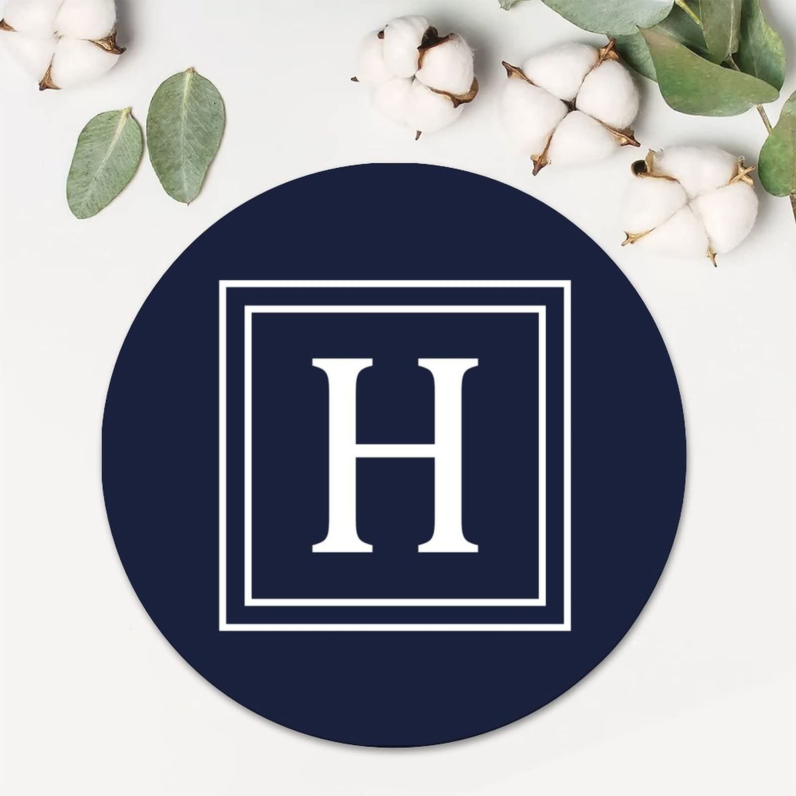 Round Label Stickers 1.5" Navy Blue Background White Letter Monogram Alphabet Initial H Label Stickers for Laptop Envelopes Seals Water Bottle Card Box Gift Bags Holiday Party Supplies,100 Pcs