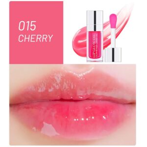 DMXYWO Plumping Lip Oil, Hydrating Lip Glow Oil, Lasting Moisturizing Lip Gloss Tinted Lip Balm, Big Brush Head Non-Sticky Natural Lip Plumper Gloss Lip Care Product 6ML (015# Cherry)