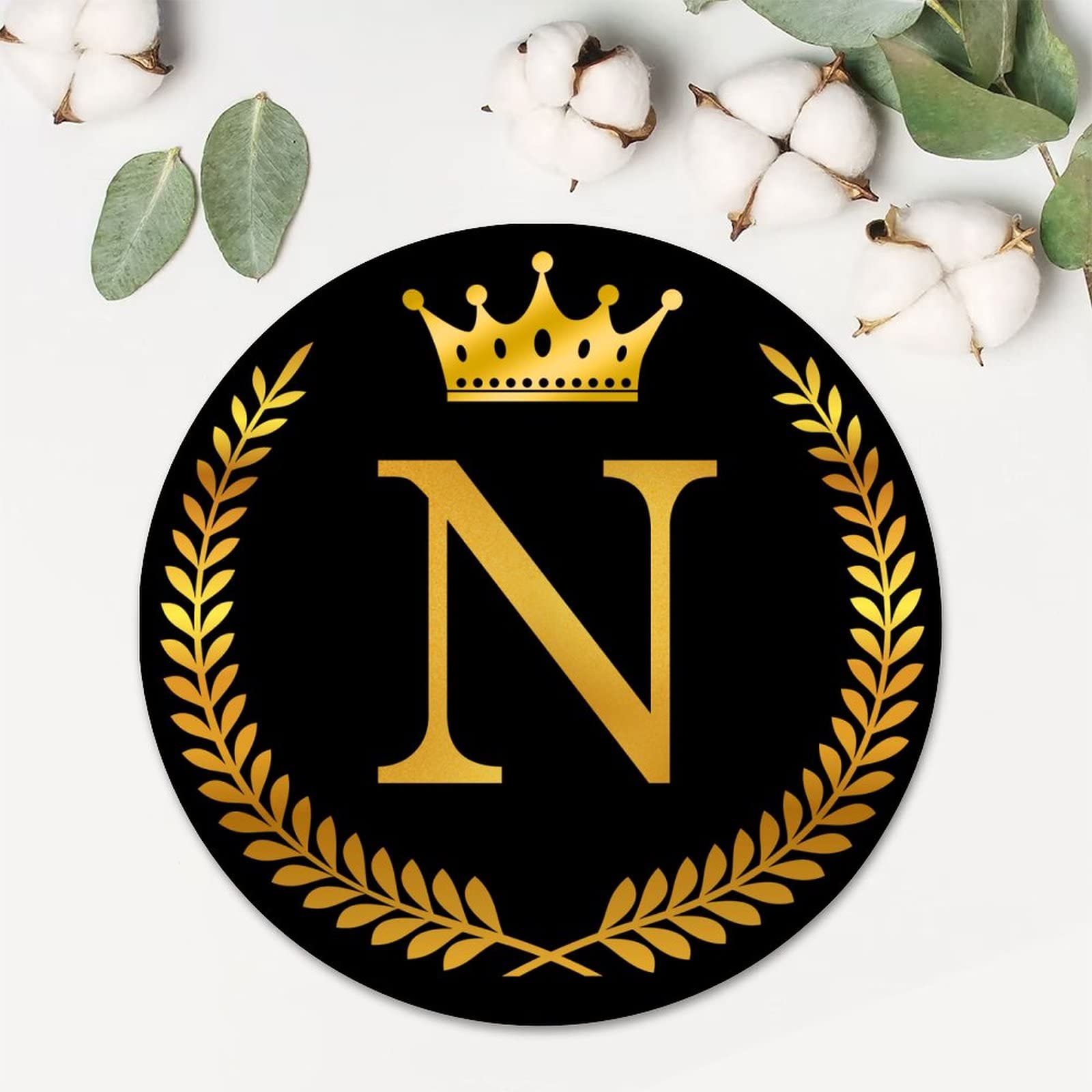 Gold Crown Wreath Monogram Letter Initial N Round Label Sticker 1.5 Inch DIY Labels Stickers for Family Classroom Home Window New Year Decor Wedding Envelope Stickers 100PCS Holiday Present