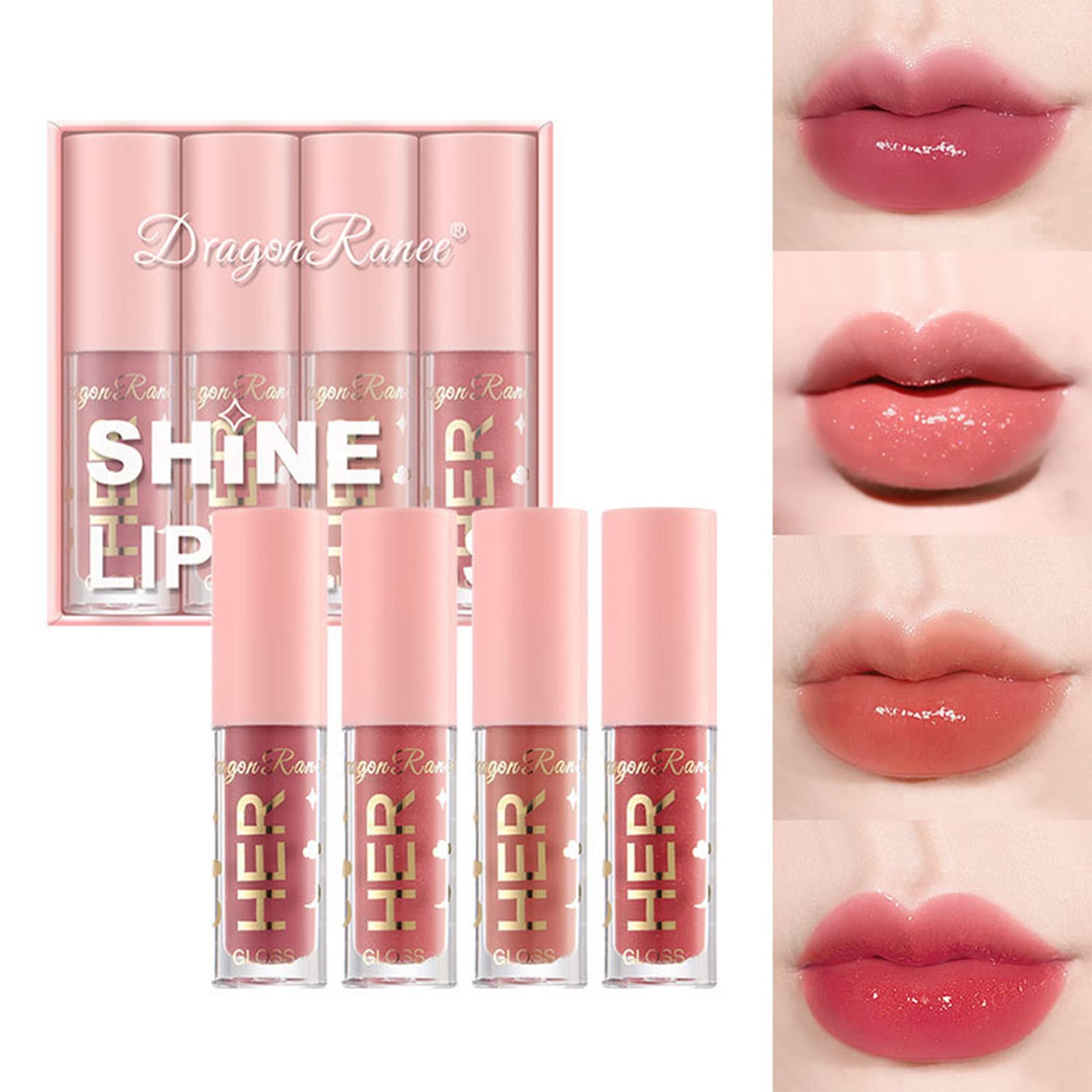 4Pcs Shimmer Lip Gloss Set Plumping Liquid Nude Lipstick Set Moisturizing Lip Stain Long Lasting Waterproof Non-Stick Cup Not-Fade Shiny Lip Gloss Set for Women Glitter Lip Makeup Kit - Set A