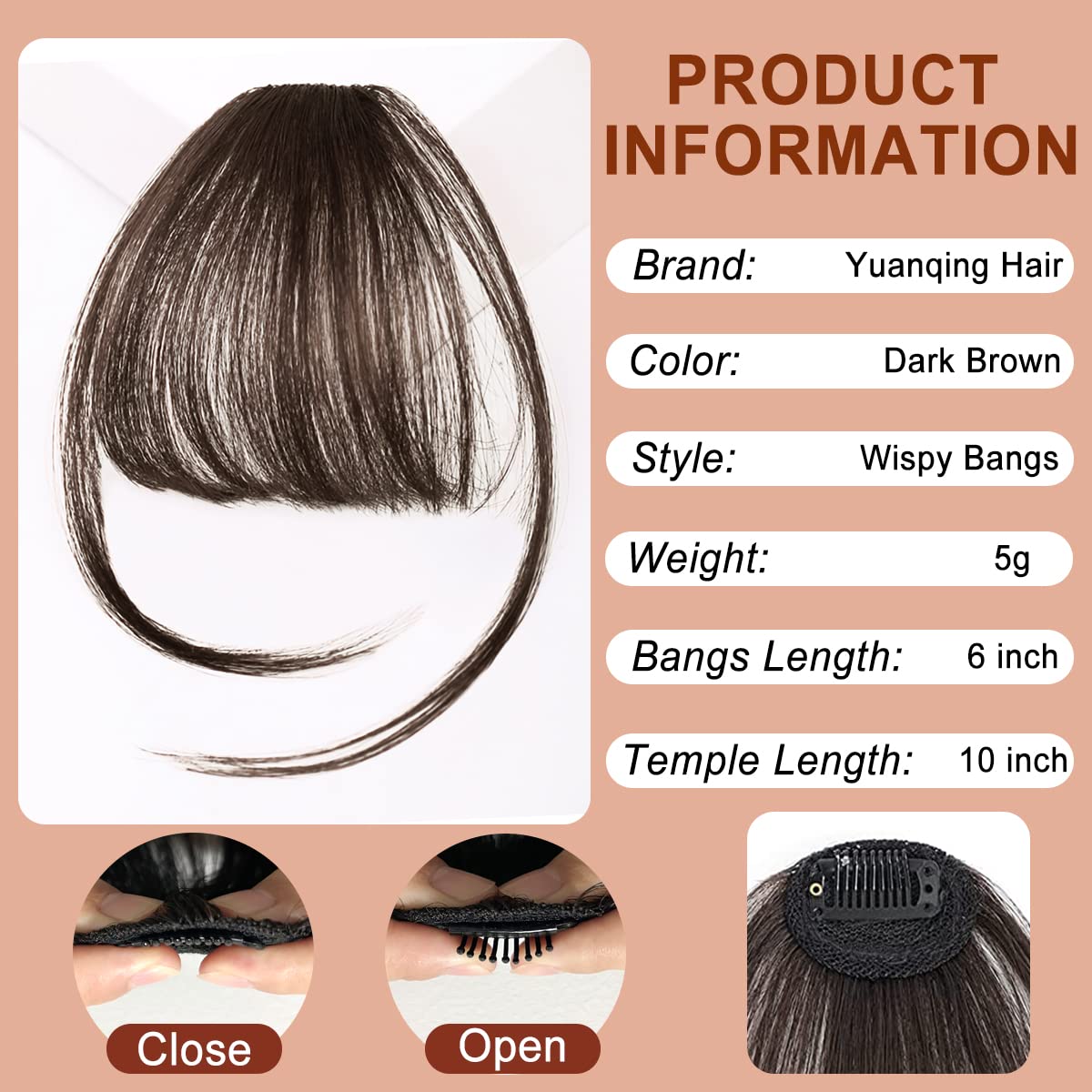 NEHAJUNXI Bangs Hair Clip in bangs 100% Human Hair Extensions Dark Brown Wispy Bangs Clip on Bangs for Women Fringe with Temples Hairpieces Curved Bangs for Daily Wear (Wispy Bangs, Dark Brown)