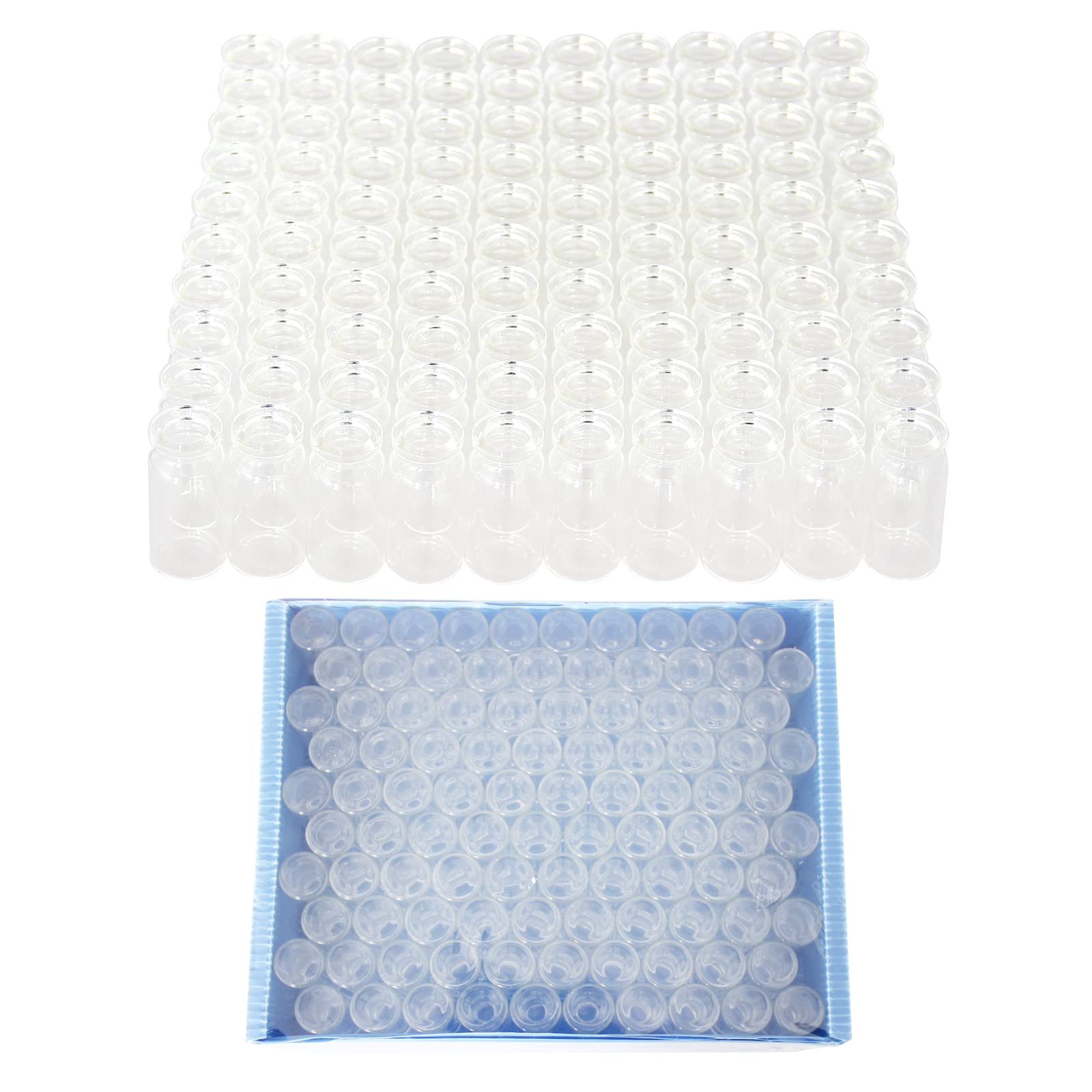 10ml Clear Glass Vials-2-1/2 Dram Clear Glass Headspace Vials with Self-Locking Caps and Rubber Stoppers, 100 Packs, 20mm Flat Bottom Lab Vial