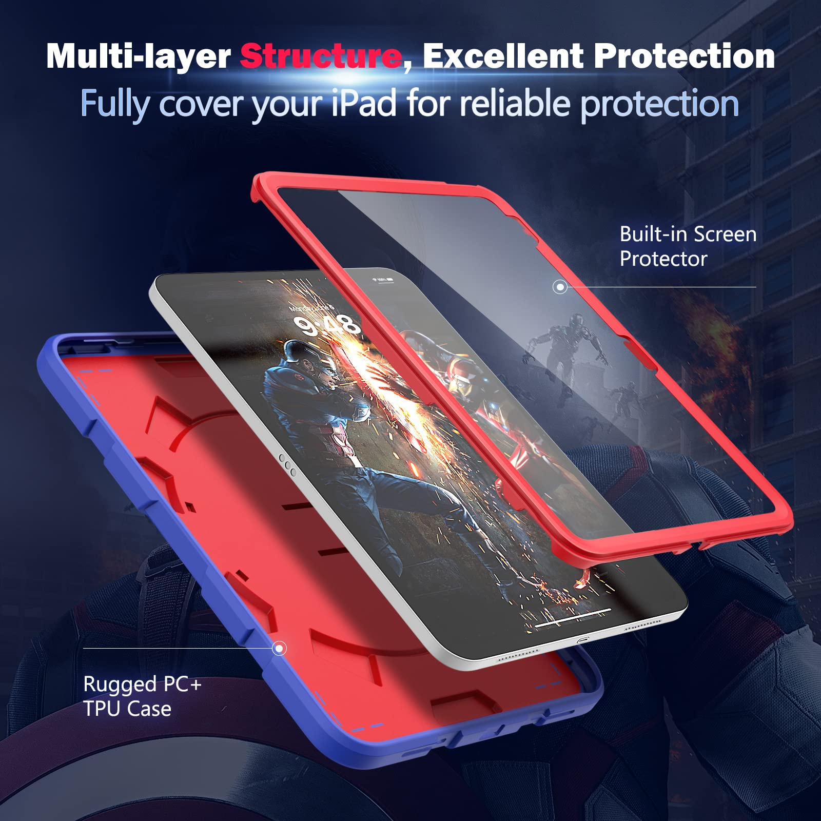 TiMOVO Case for iPad 10th Generation 10.9 inch 2022, iPad 10th Gen Case with Kickstand, [Built-in Screen Protector] Heavy Duty Shockproof Rugged Protective Cover for Kids - Blue & Red