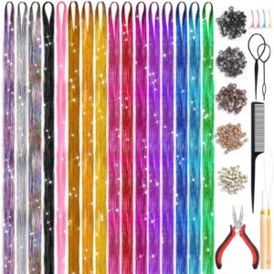 hair tinsel kit (48 inch, 16 colors, 3200 strands), glitter sparkling tinsel hair extensions with tools, heat resistant fairy hair tinsel kit for women girls cosplay party festival hair accessories