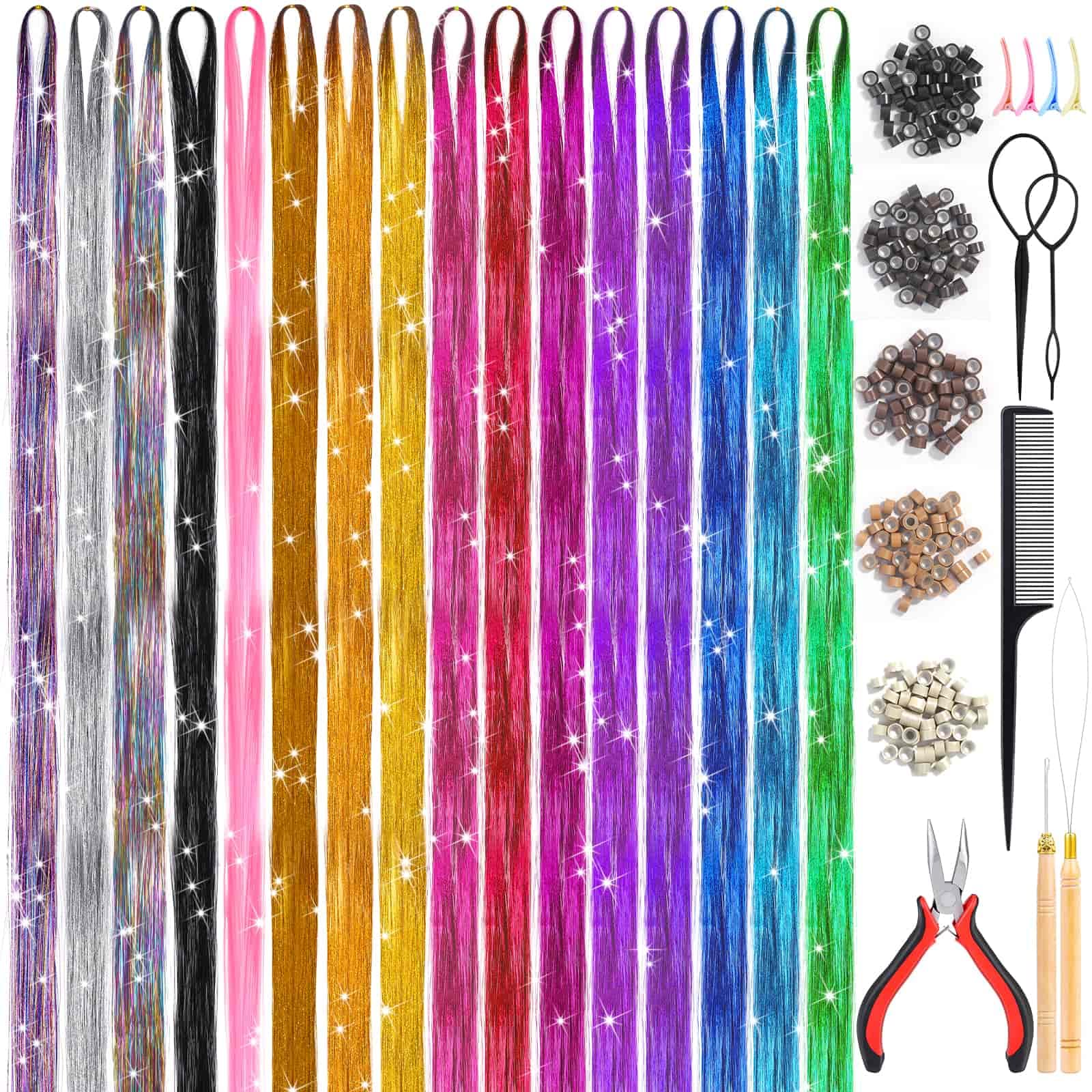 Hair Tinsel Kit (48 Inch, 16 Colors, 3200 Strands), Glitter Sparkling Tinsel Hair Extensions with Tools, Heat Resistant Fairy Hair Tinsel Kit for Women Girls Cosplay Party Festival Hair Accessories