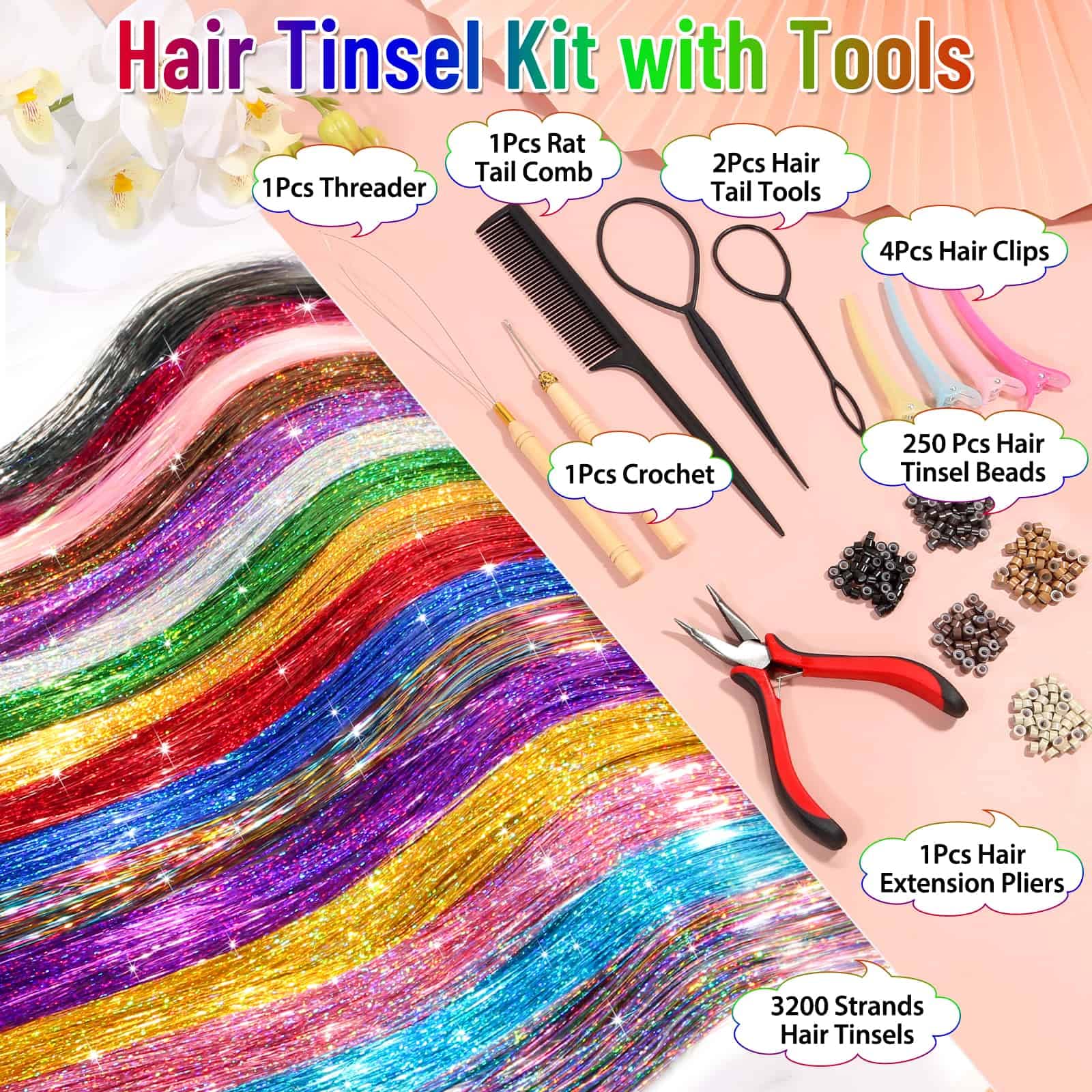 Hair Tinsel Kit (48 Inch, 16 Colors, 3200 Strands), Glitter Sparkling Tinsel Hair Extensions with Tools, Heat Resistant Fairy Hair Tinsel Kit for Women Girls Cosplay Party Festival Hair Accessories