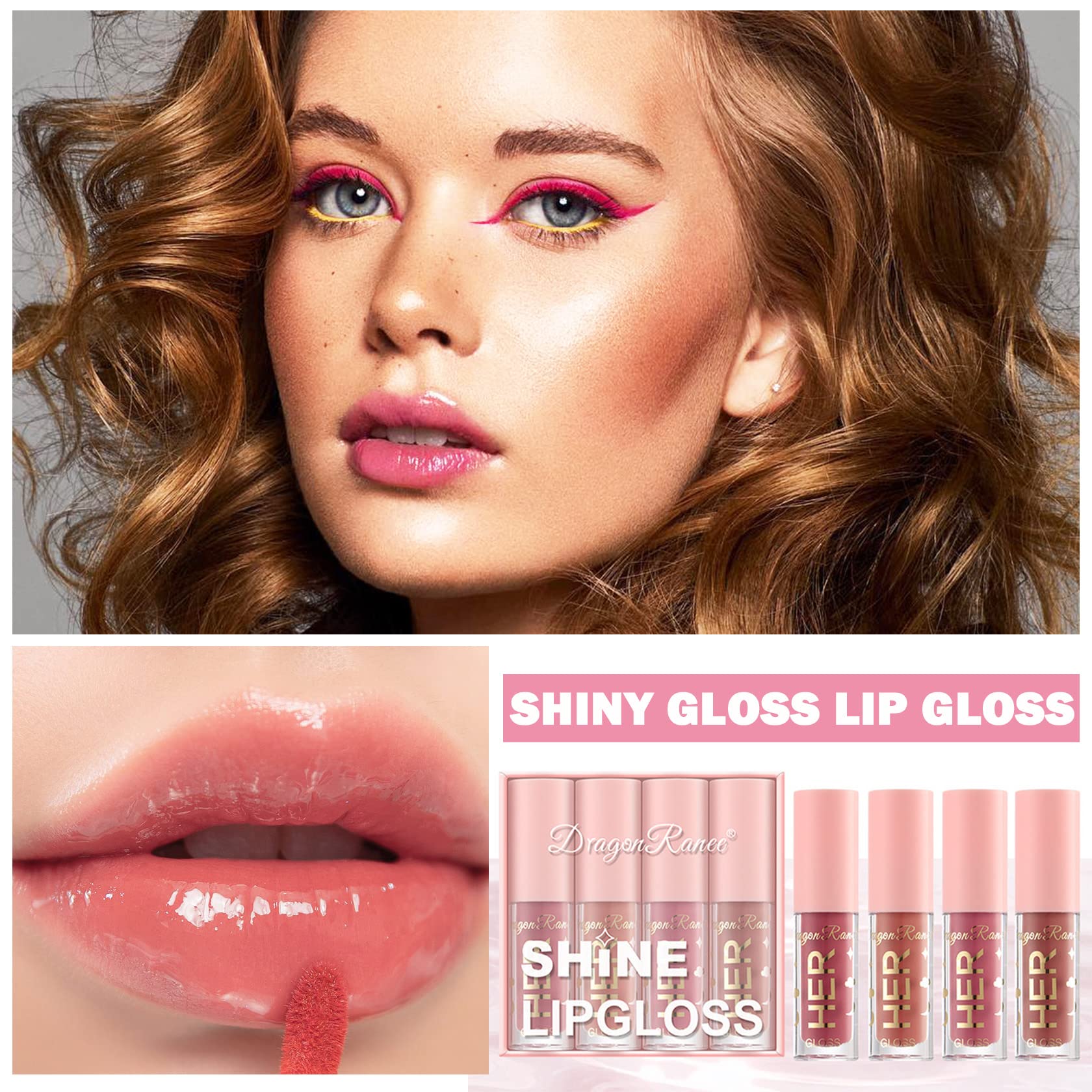 AWCCXMYM 4Pcs Shimmer Lip Gloss Set Plumping Liquid Nude Lipstick Set Moisturizing Lip Stain Long Lasting Non-Stick Cup Not-Fade Shiny Lip Gloss Set for Women Glitter Lip Makeup Kit - Set B