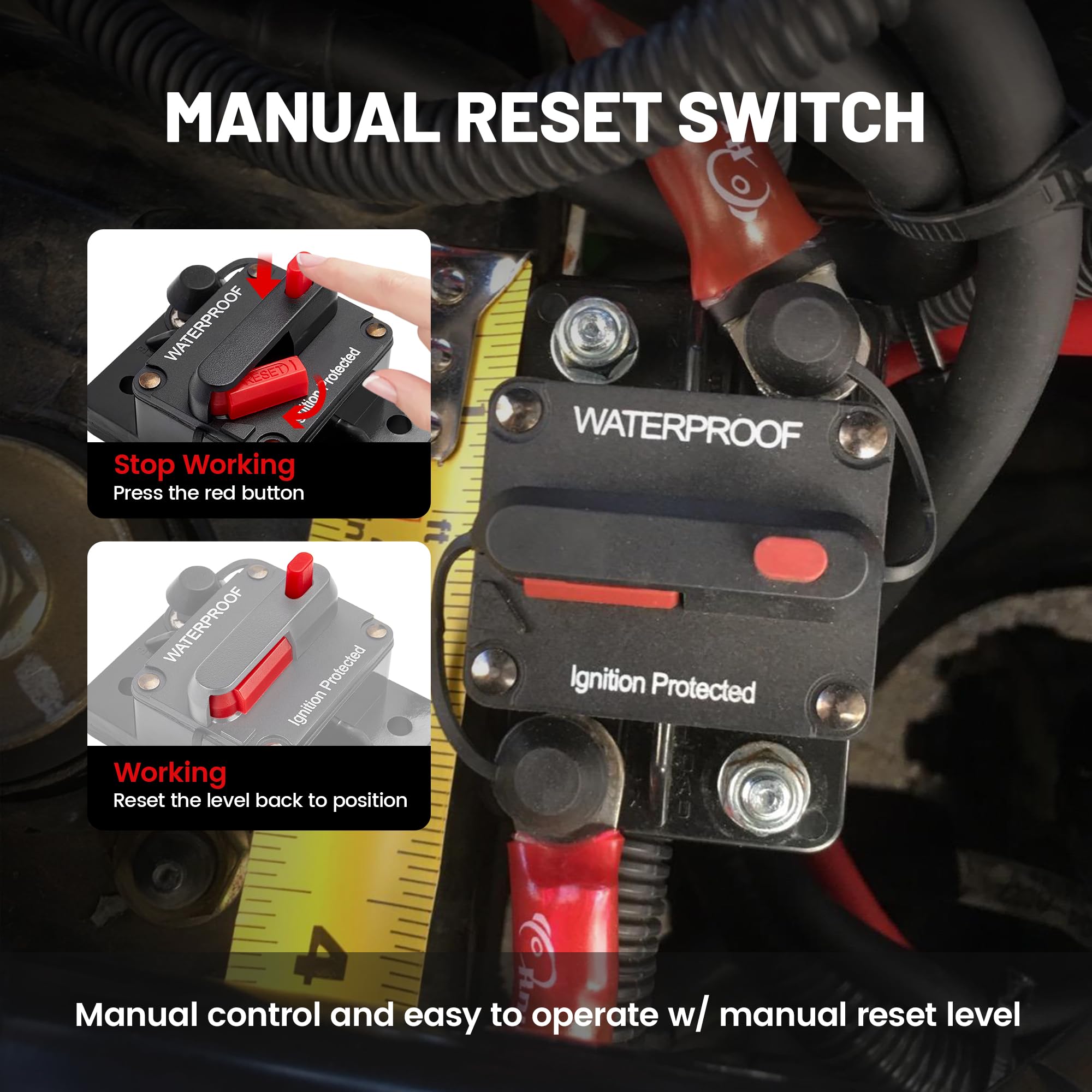 RED WOLF 120 AMP Car Circuit Breaker w/Manual Reset Switch Inline Fuse Holder Inverter for Motor Trolling Vehicles Audio Radio Solar System Protection 12V-48V DC with Wire Lugs Copper Washer Screws