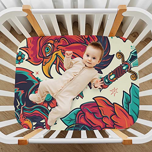 Colorful Tattoo Baby Crib Sheets Soft Toddler Bed Sheets Breathable Mattress Cover Crib Mattress Protector for Stroller Crib Mattress Infant Unisex Girl, 39*27*5in