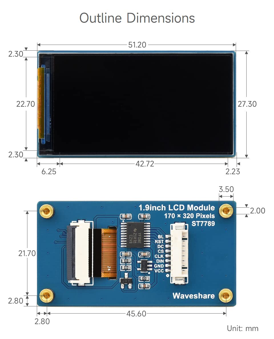 Waveshare 1.9inch LCD Display Module, 170×320 Resolution, SPI Interface, IPS, 262K Colors