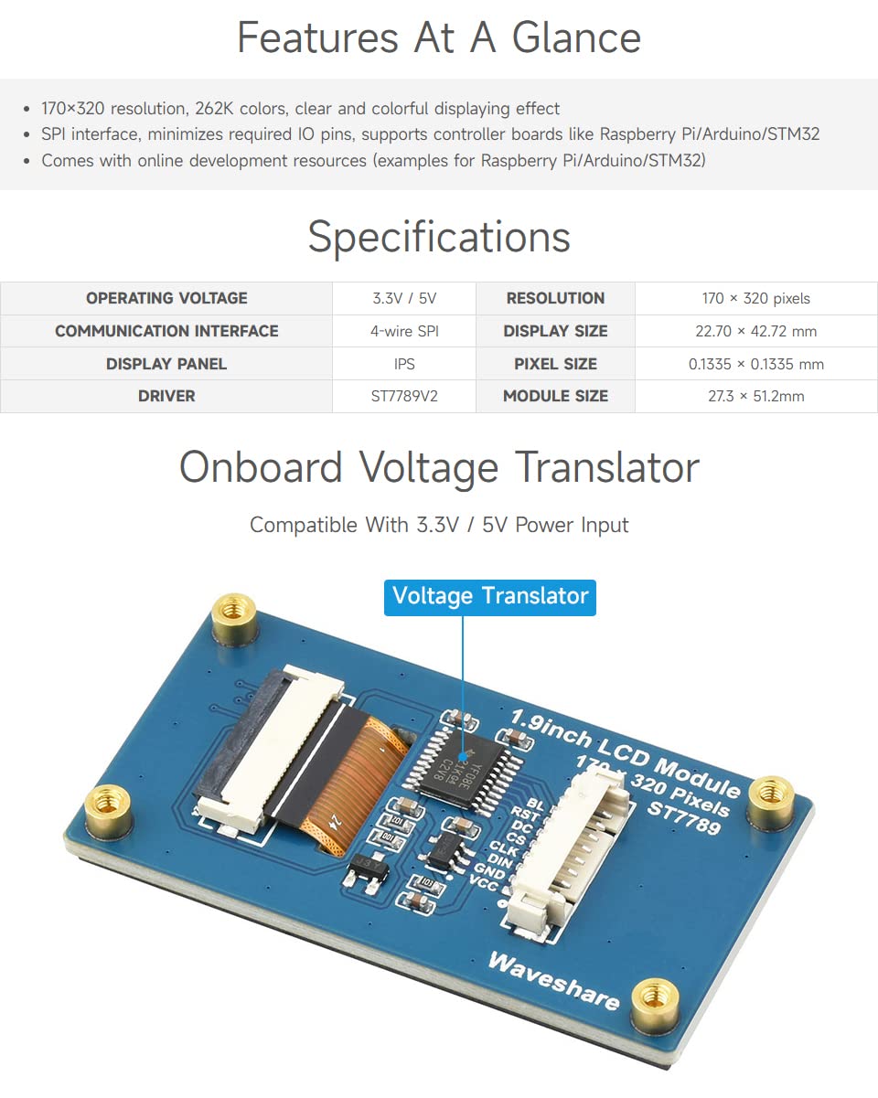 Waveshare 1.9inch LCD Display Module, 170×320 Resolution, SPI Interface, IPS, 262K Colors