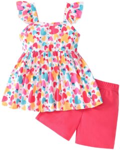 popshion girls valentine's day outfit toddler girls summer clothes 2 piece set heart ruffle sleeveless shirt and red short clothing set size 3t/6653