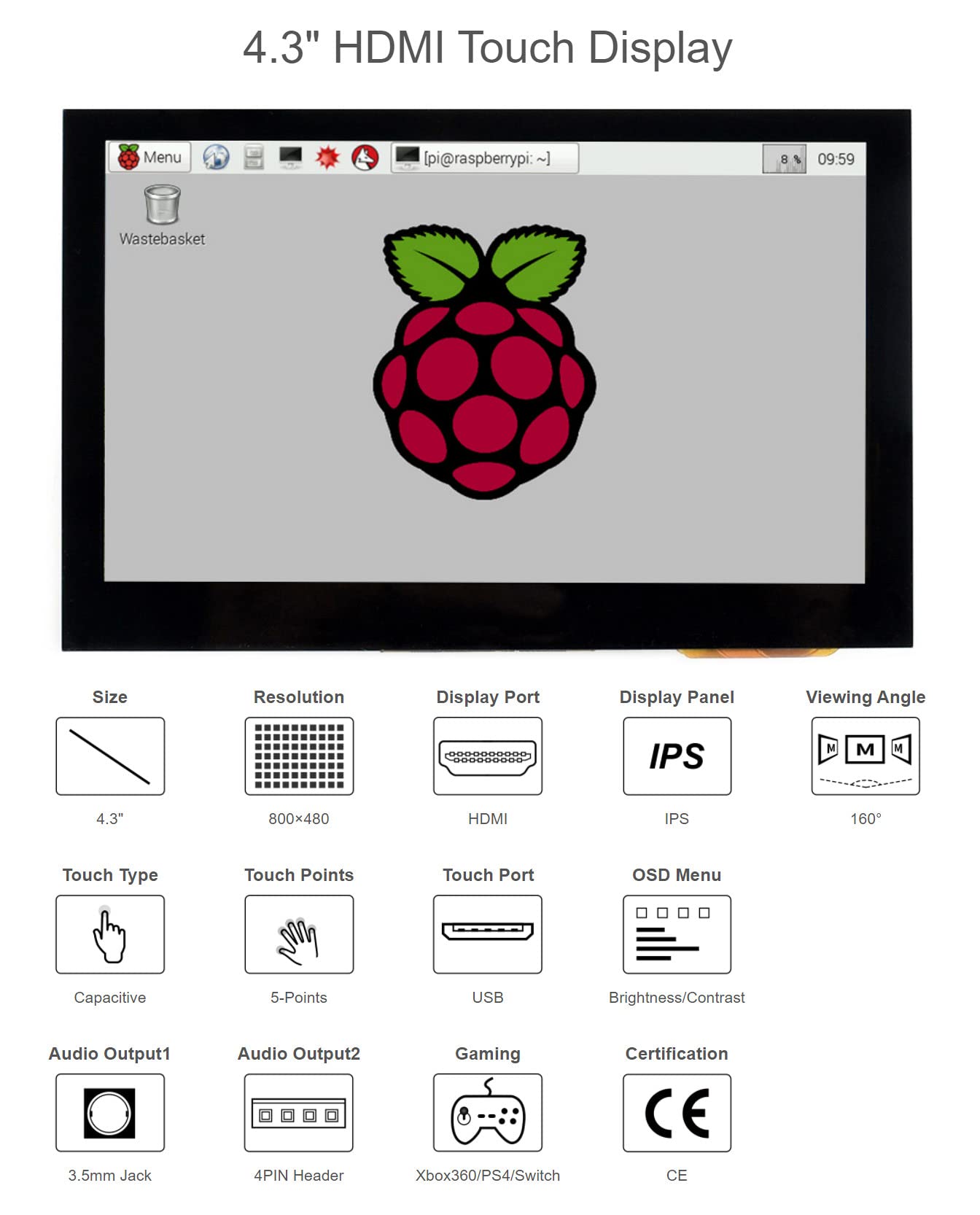 Coolwell Waveshare 4.3 Inch HDMI Display Raspberry Pi Screen TouchScreen 800×480 Capacitive LCD Monitor for Raspberry Pi 4B+ 4B 3B+ 3B 2B+ Zero W Jetson Nano Windows 11 10 8.1 8 7