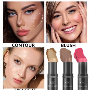 Go Ho 3PCS Cool-tone Contour Highlight Blush Stick Set,Cream Contour Stick Kit,Long-Wearing,Natural-Looking Contouring Face Foundation Makeup -Shimmer Highlighter,Blush&Bronzer Shading Contour