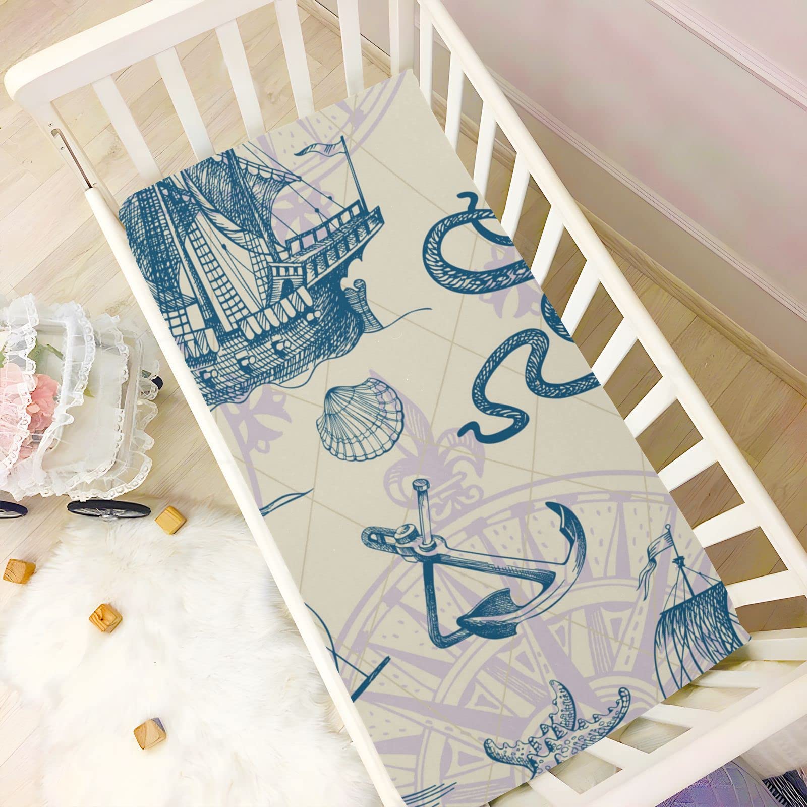 Vintage Sailboat Baby Crib Sheets Soft Toddler Bed Sheets Breathable Mattress Cover Toddler Sheets for Boys Nursery Crib Mattress Unisex, 39 * 27 * 5in