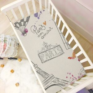 Hand Drawn Parisian Baby Crib Sheets Soft Toddler Bed Sheets Breathable Mattress Cover Crib Mattress Sheet for Newborn All Seasons Boy Toddler Baby Bed Mattress, 52 * 28 * 9in