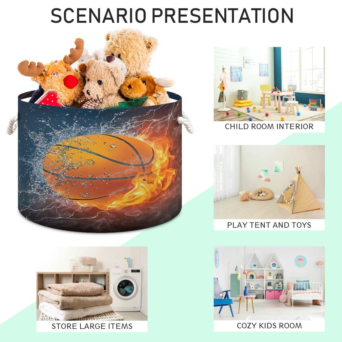 ALAZA Basketball Ball Fire Water Storage Box Toy Basket Laundry Storage Organizer Bins with Handles Large Baskets for Living Room Nursery Decor