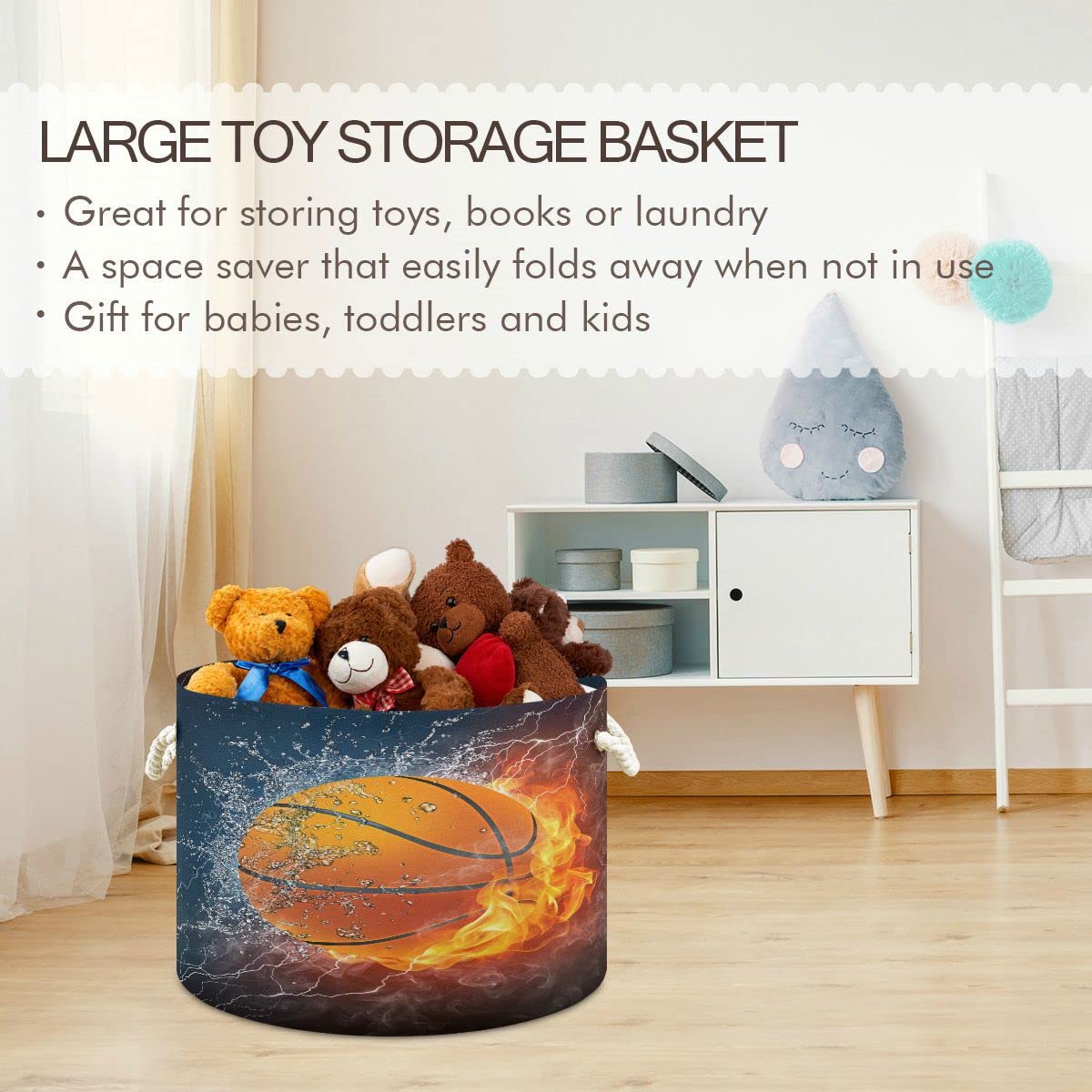 ALAZA Basketball Ball Fire Water Storage Box Toy Basket Laundry Storage Organizer Bins with Handles Large Baskets for Living Room Nursery Decor