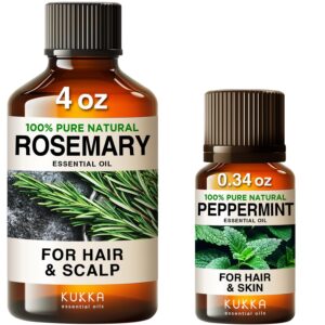 rosemary oil for hair (4 fl oz) & peppermint oil for hair (0.34 fl oz) set - 100% natural aromatherapy grade essential oils set - kukka