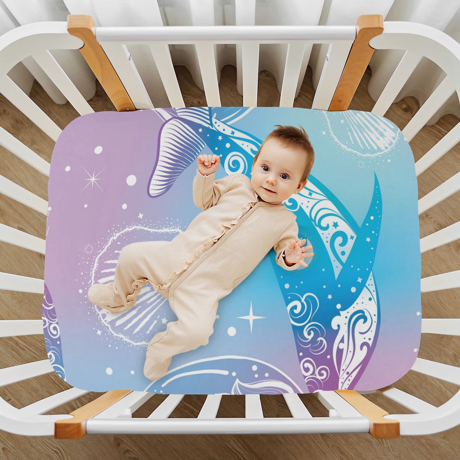 Whales Dolphins Waves Baby Crib Sheets Soft Toddler Bed Sheets Breathable Mattress Cover Playard Sheet for Boys Nursery Crib Mattress Unisex, 39 * 27 * 5in