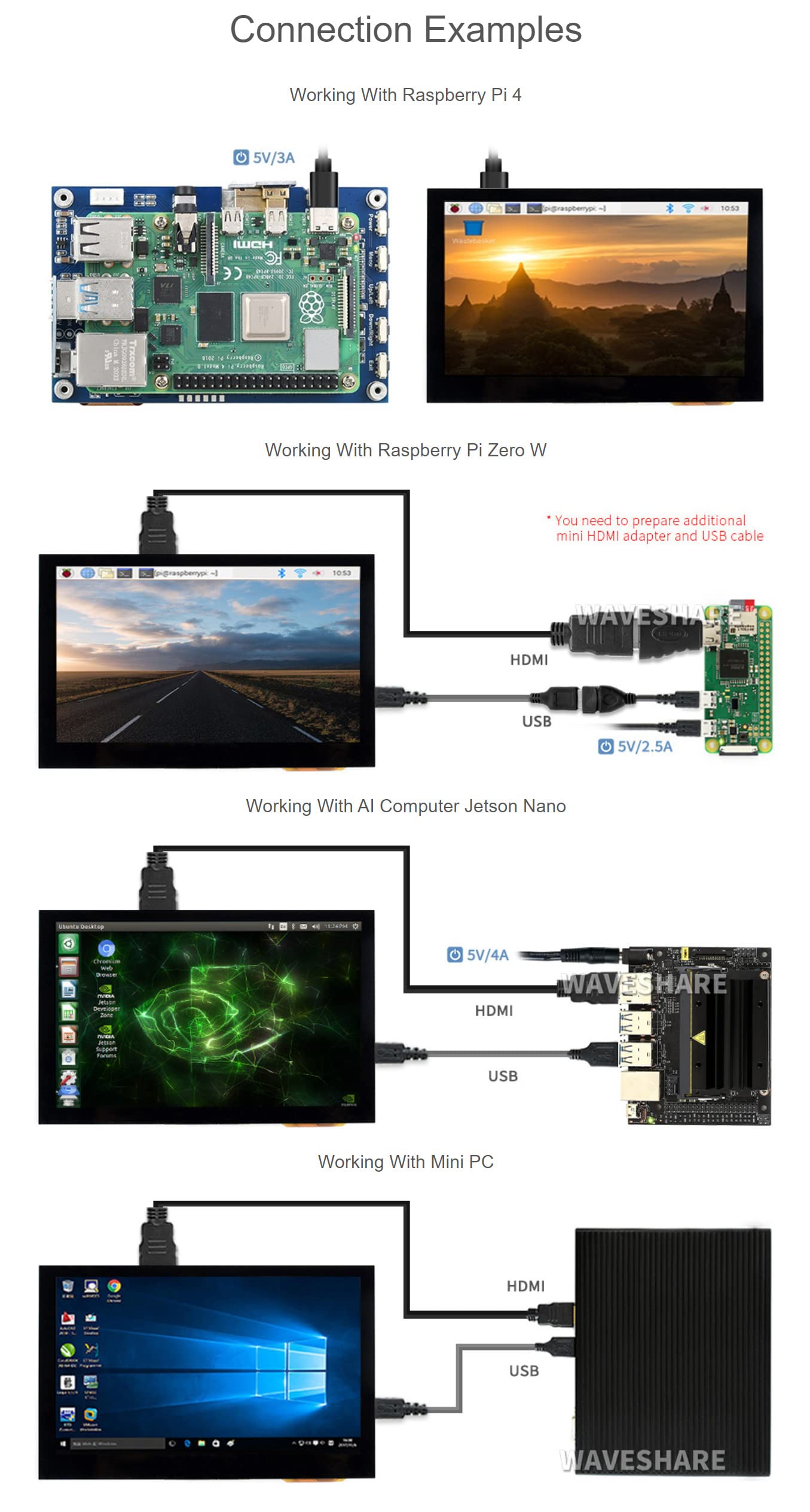 Coolwell Waveshare 4.3 Inch HDMI Display Raspberry Pi Screen TouchScreen 800×480 Capacitive LCD Monitor for Raspberry Pi 4B+ 4B 3B+ 3B 2B+ Zero W Jetson Nano Windows 11 10 8.1 8 7