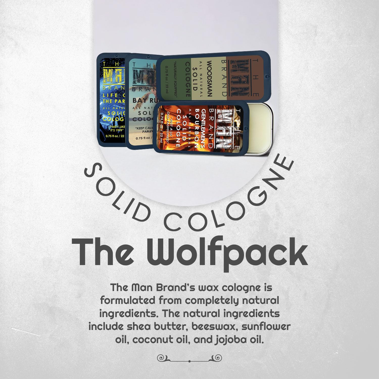 The Man Brand Solid Cologne Set with Bay Rum Solid Cologne, Bourbon Solid Cologne, Woodsman, and Life of the Party Solid Cologne - (Wolfpack Solid Cologne Sampler - 4 Pack - 0.75 oz each)