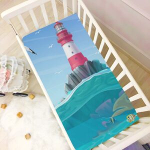 Cartoon Lighthouse Sea Port Nautical Baby Crib Sheets Soft Toddler Bed Sheets Breathable Mattress Cover Playard Sheet for Boys Nursery Crib Mattress, 39 * 27 * 5in