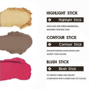 Go Ho 3PCS Cool-tone Contour Highlight Blush Stick Set,Cream Contour Stick Kit,Long-Wearing,Natural-Looking Contouring Face Foundation Makeup -Shimmer Highlighter,Blush&Bronzer Shading Contour