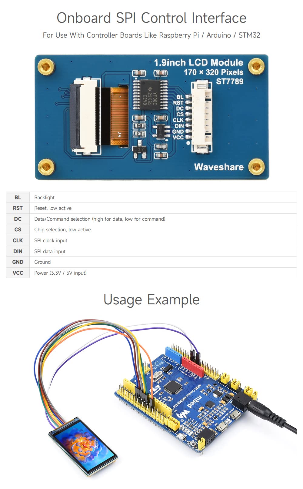 Waveshare 1.9inch LCD Display Module, 170×320 Resolution, SPI Interface, IPS, 262K Colors