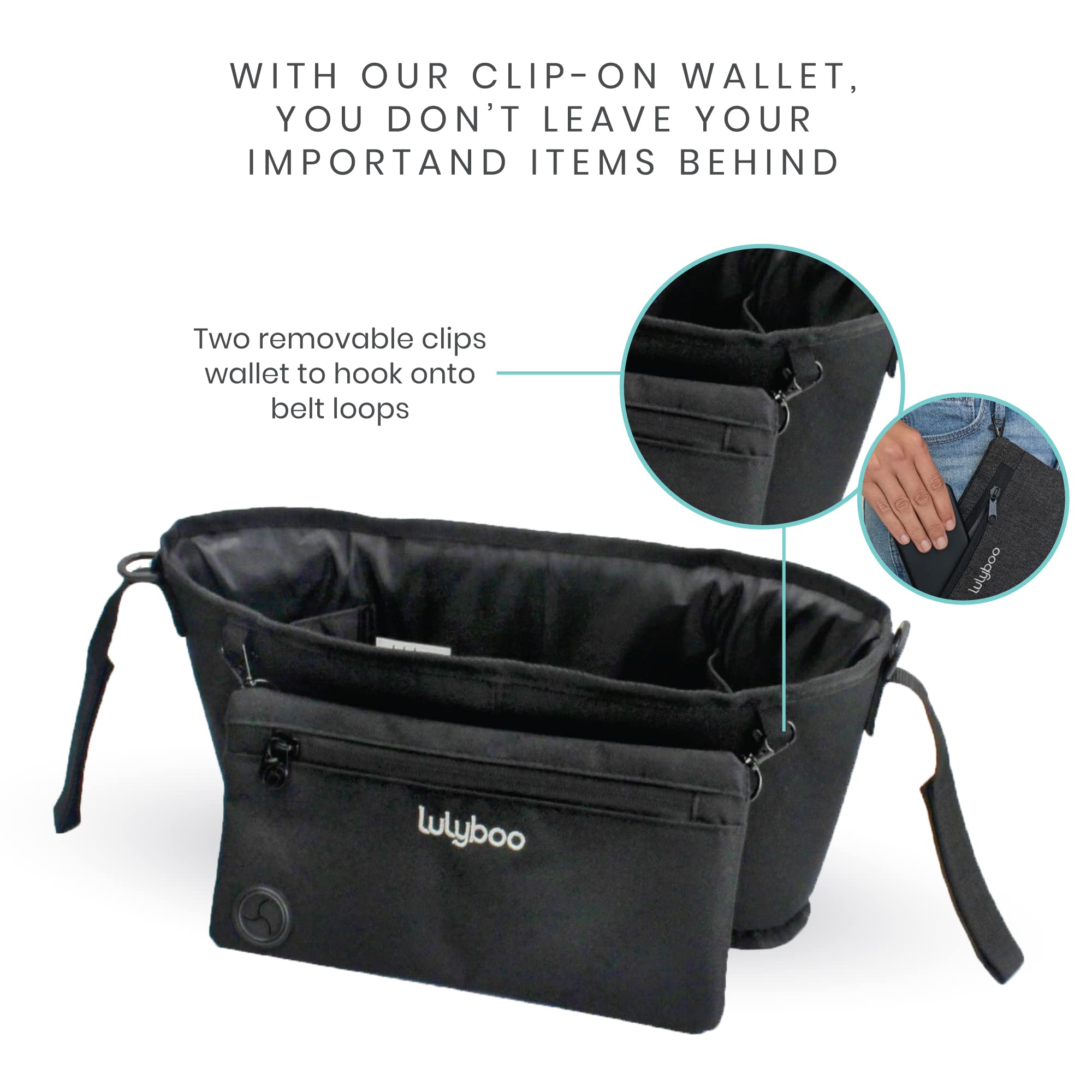 Lulyboo Universal Baby Stroller Organizer with Clip On Removable Wallet, Pockets for Drinks, Toys, Keys Gray/Black