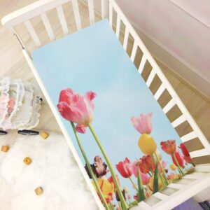 Tulip Flower Baby Crib Sheets Soft Toddler Bed Sheets Breathable Mattress Cover Crib Mattress Sheet for Boys Girls Nursery Stroller Crib Mattress, 39 * 27 * 5in