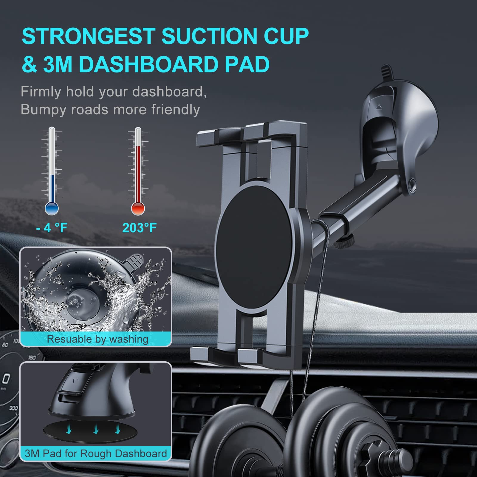 Dashboard & Windshield Car Tablet Mount Holder, 360° Rotatable Suction Cup Window Dash Phone Stand for iPad Pro 12.9/11/10.5/Air/Mini 6/5/4, Samsung Galaxy Tab, iPhone 16/15, 4.7"-12.9" Tab Phone