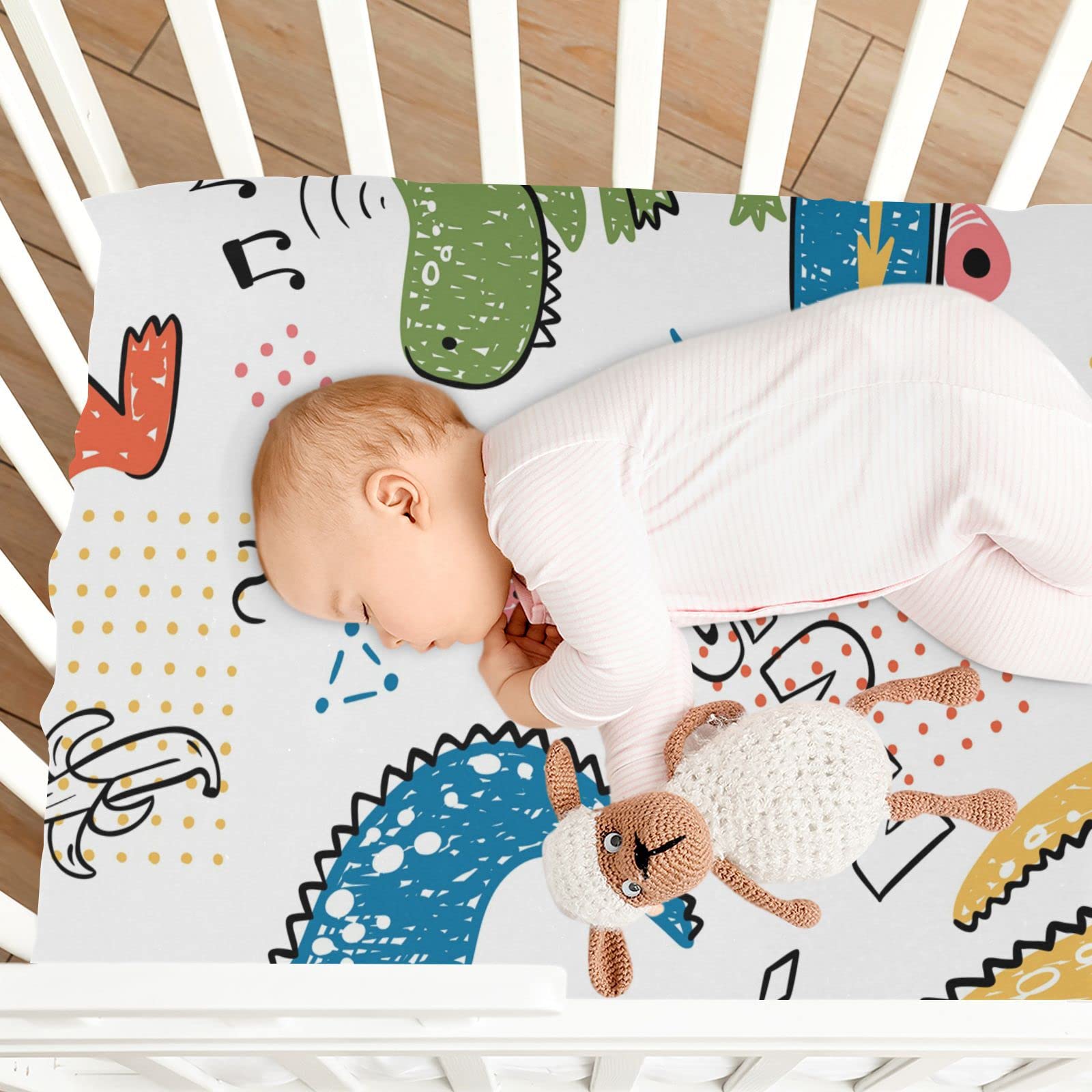 Music Dinosaur Baby Crib Sheets Soft Toddler Bed Sheets Breathable Mattress Cover Playard Sheet for Crib Mattress Unisex Newborn Boy, 39 * 27 * 5in