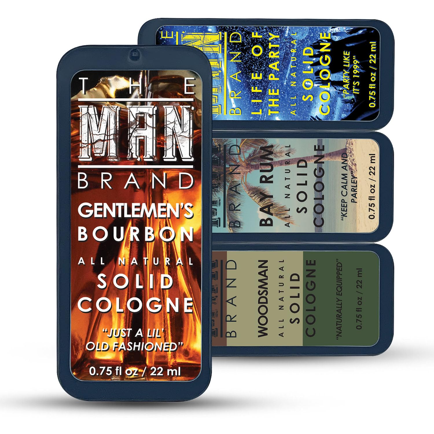 The Man Brand Solid Cologne Set with Bay Rum Solid Cologne, Bourbon Solid Cologne, Woodsman, and Life of the Party Solid Cologne - (Wolfpack Solid Cologne Sampler - 4 Pack - 0.75 oz each)