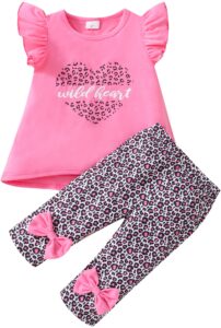 girl valentines day outfit summer clothes toddler short sleeve wild heart shirt pink ruffle tops capris cropped leopard pants kids clothing set 3t