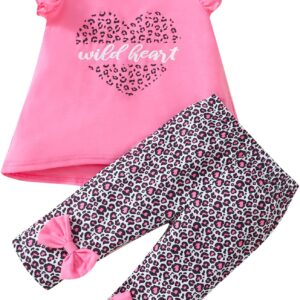 Girl Valentines Day Outfit Summer Clothes Toddler Short Sleeve Wild Heart Shirt Pink Ruffle Tops Capris Cropped Leopard Pants Kids Clothing Set 3t