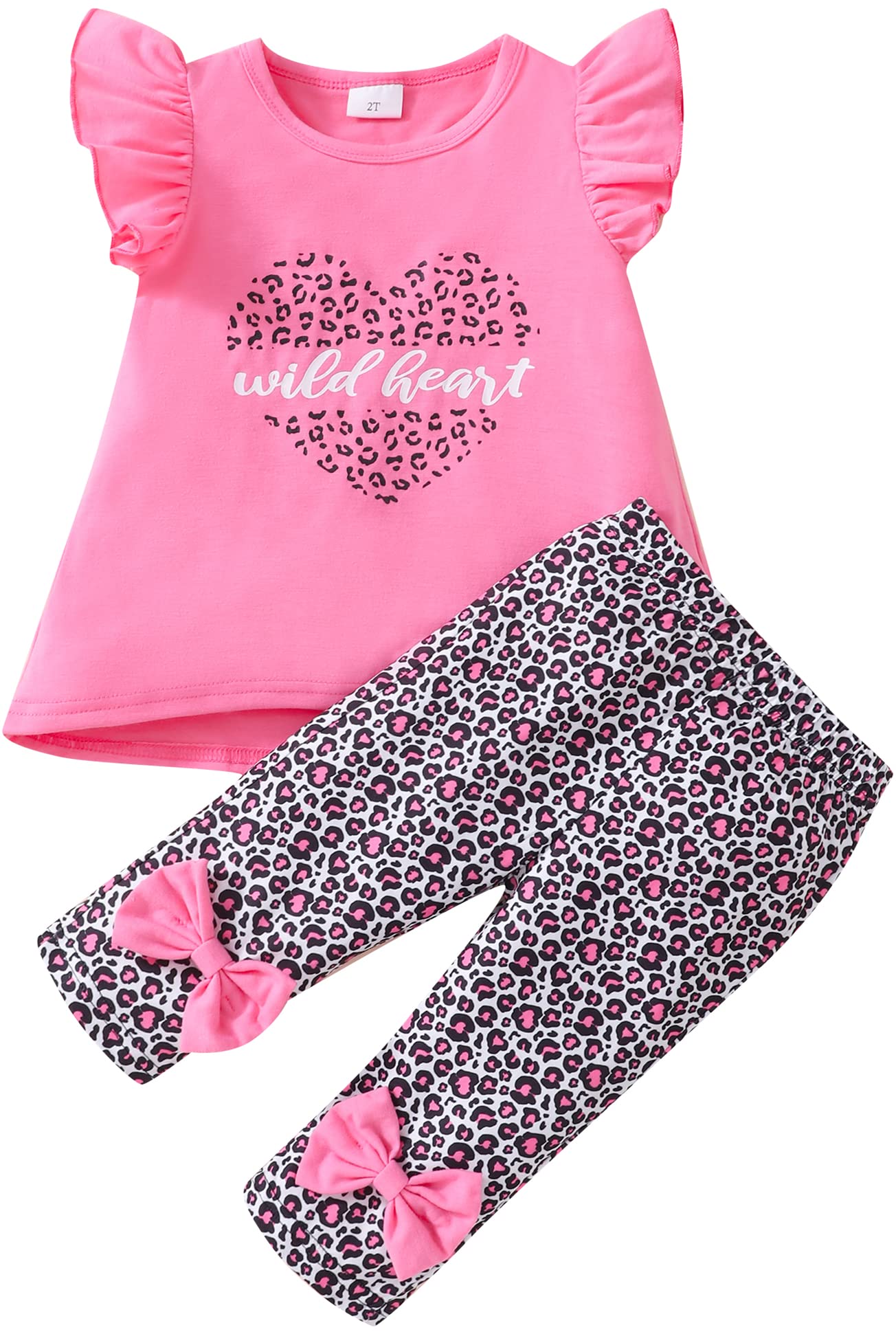 Girl Valentines Day Outfit Summer Clothes Toddler Short Sleeve Wild Heart Shirt Pink Ruffle Tops Capris Cropped Leopard Pants Kids Clothing Set 3t