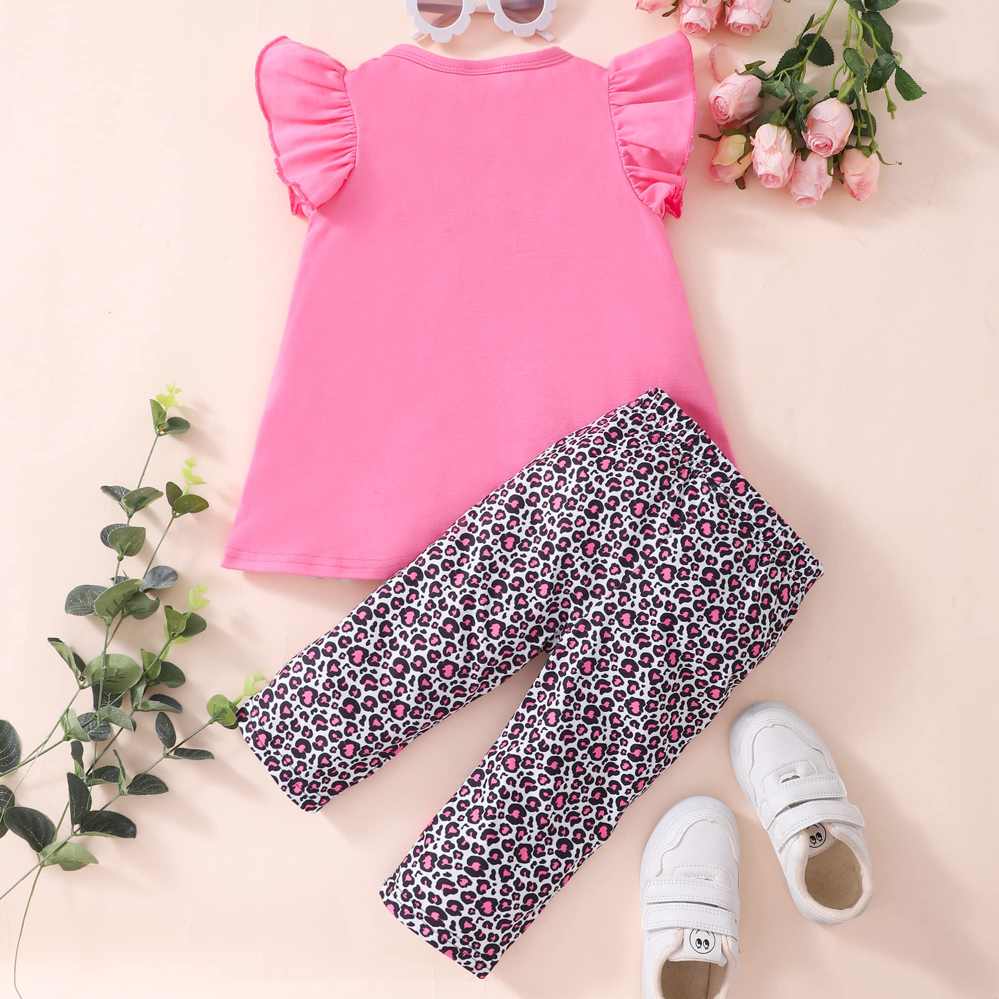 Girl Valentines Day Outfit Summer Clothes Toddler Short Sleeve Wild Heart Shirt Pink Ruffle Tops Capris Cropped Leopard Pants Kids Clothing Set 3t