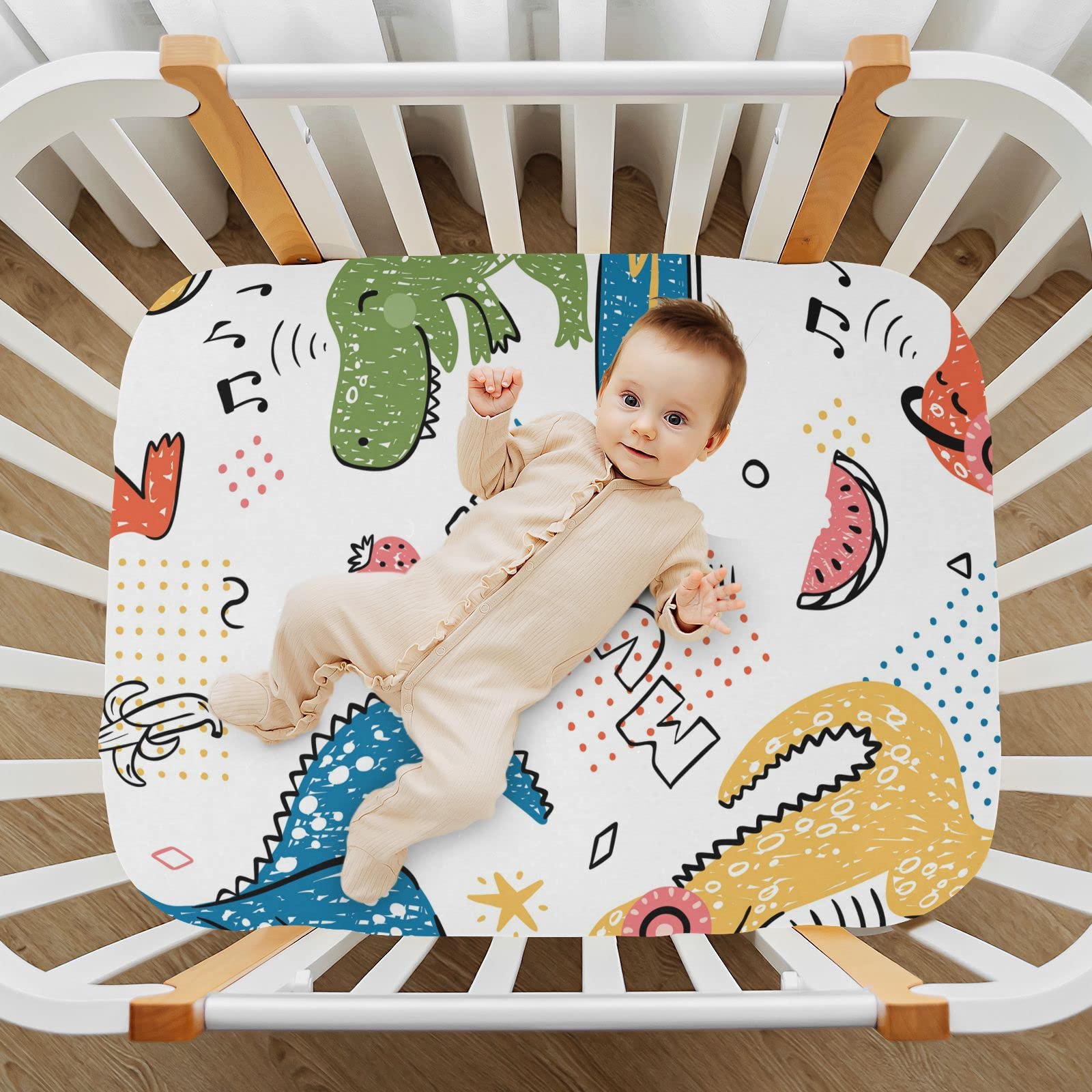 Music Dinosaur Baby Crib Sheets Soft Toddler Bed Sheets Breathable Mattress Cover Playard Sheet for Crib Mattress Unisex Newborn Boy, 39 * 27 * 5in