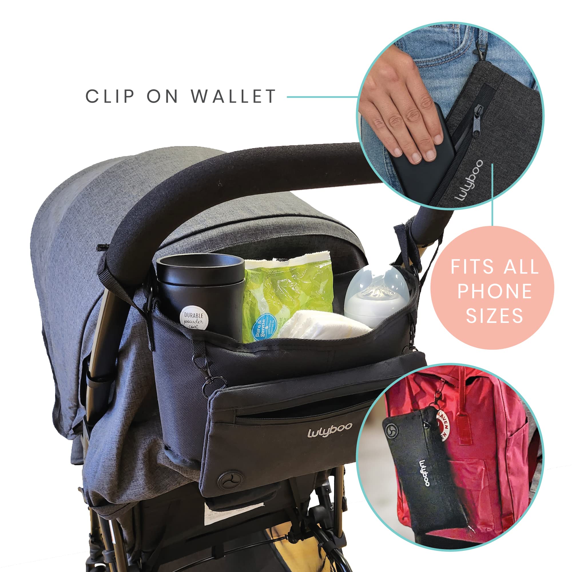 Lulyboo Universal Baby Stroller Organizer with Clip On Removable Wallet, Pockets for Drinks, Toys, Keys Gray/Black