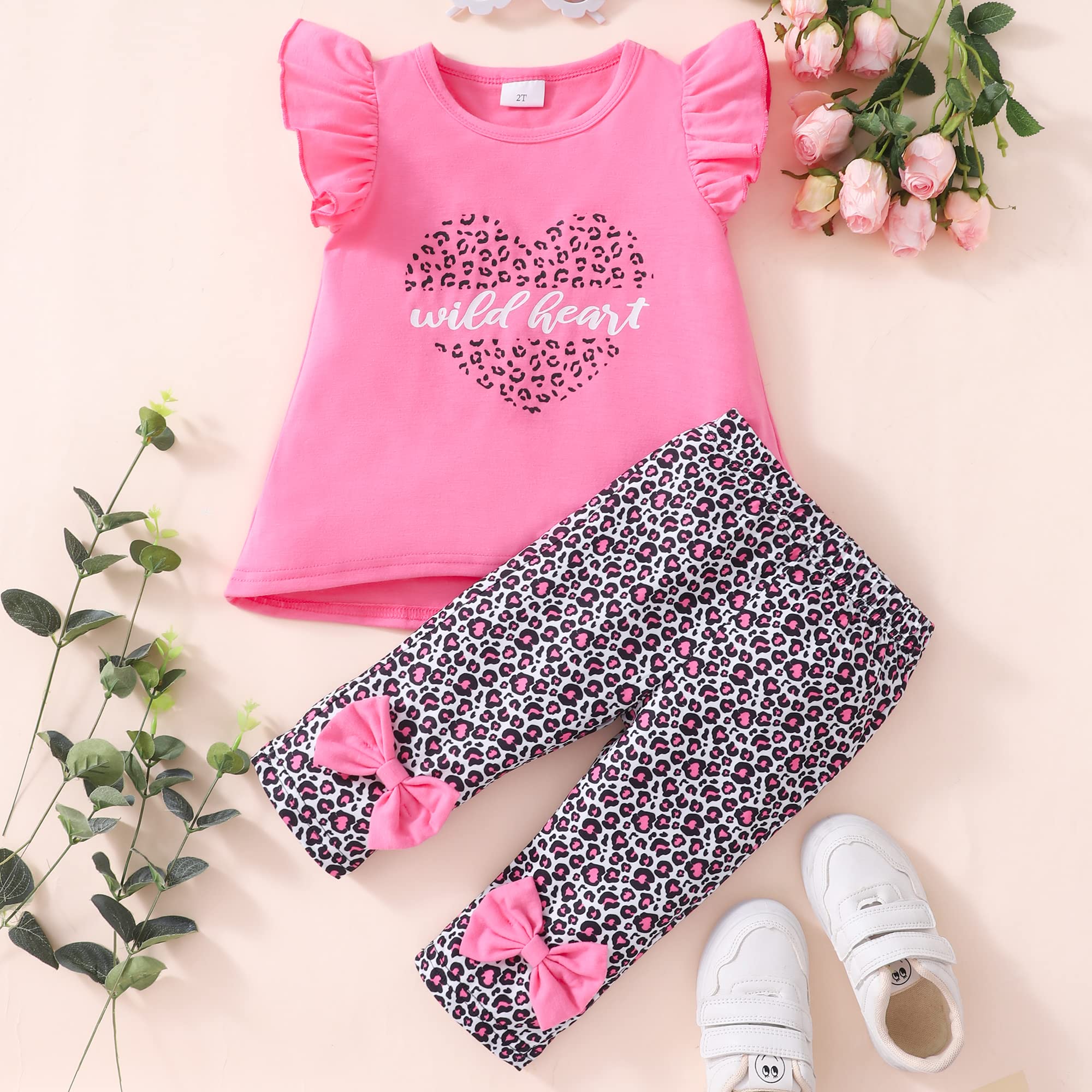 Girl Valentines Day Outfit Summer Clothes Toddler Short Sleeve Wild Heart Shirt Pink Ruffle Tops Capris Cropped Leopard Pants Kids Clothing Set 3t