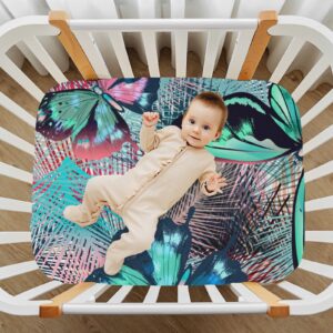 Tropical Leafs Butterfly Baby Crib Sheets Soft Toddler Bed Sheets Breathable Mattress Cover Playard Sheet for Gifts Boys Girls Nursery Bed Mattress, 39 * 27 * 5in