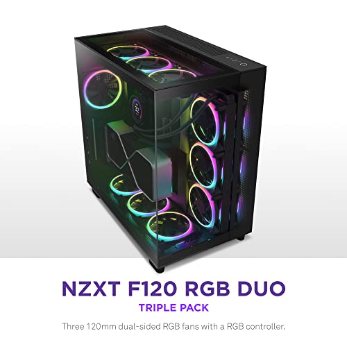 NZXT F120 RGB Duo Triple Pack - 3 x 120mm Dual-Sided RGB Fans with RGB Controller – 20 Individually Addressable LEDs – Balanced Airflow and Static Pressure – Fluid Dynamic Bearing – PWM – Black