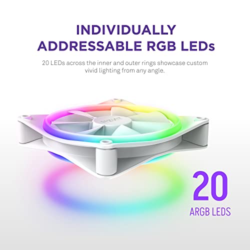 NZXT F140 RGB Duo - 140mm Dual-Sided RGB Fan – 20 Individually Addressable LEDs – Balanced Airflow and Static Pressure – Fluid Dynamic Bearing – PWM Control – Anti-Vibration Rubber Corners – White