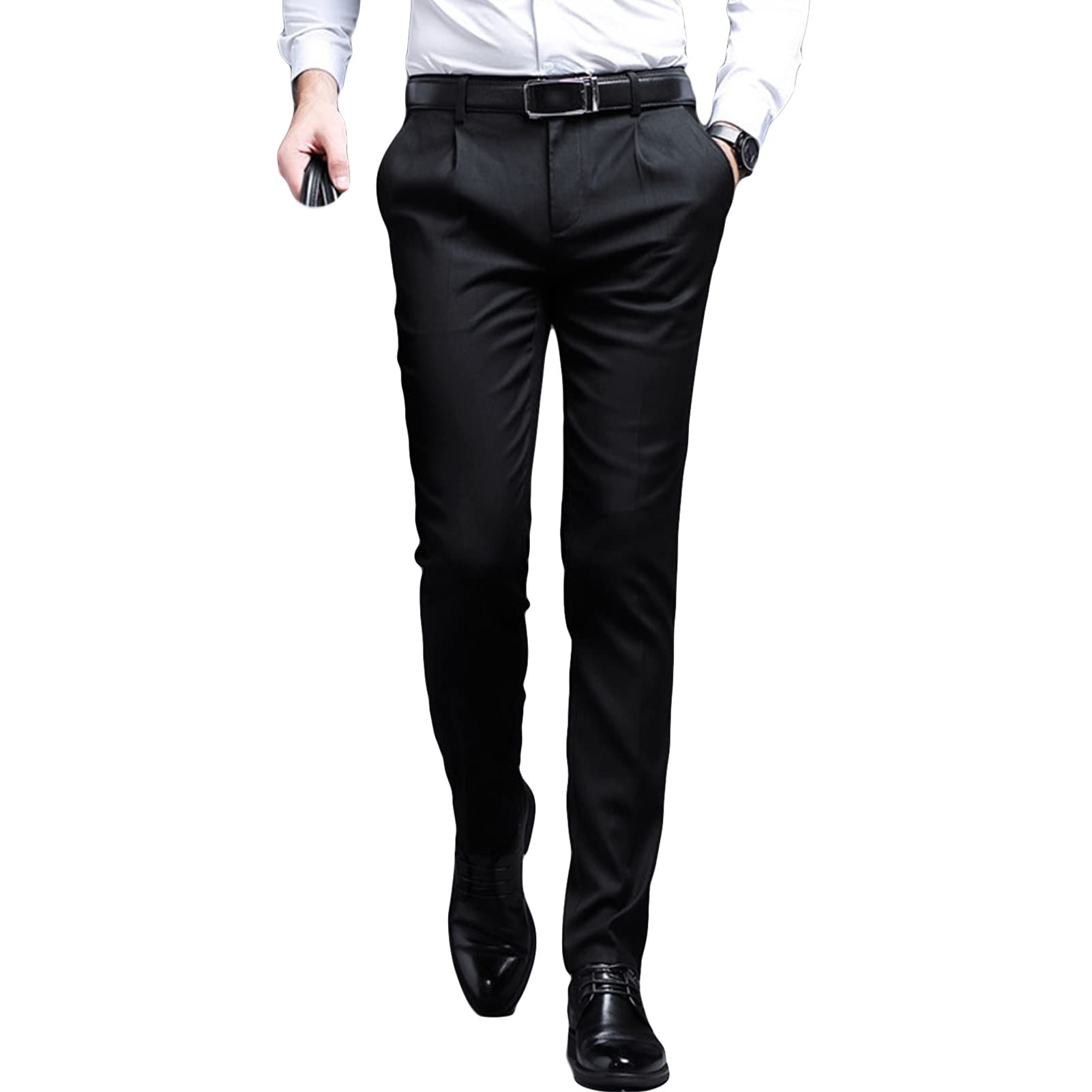 Men's Stylish Slim Fit Pant Classic Straight Leg Casual Suit Pant Lightweight Business Wrinkle Resistant Trouser (Black,34)