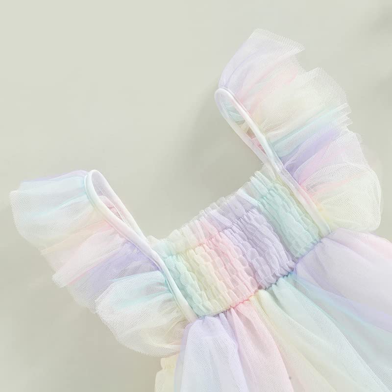 Newborn Baby Girls Summer Clothes Fly Sleeve Ruffle Romper Square Neck Smocked One-Piece Tulle Bodysuit Jumpsuit (Multi-color, 12-18 Months)